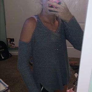 Light blue open shoulder sweater